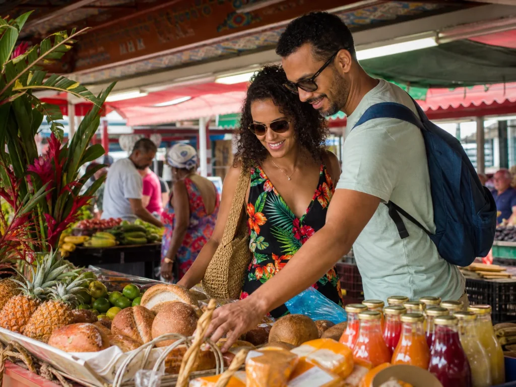 Voyageurs achetant des produits locaux au marché