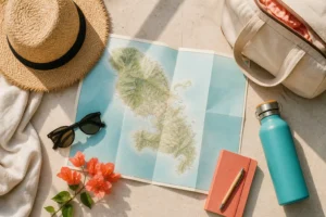 Carte et accessoires pour préparer un voyage en Martinique
