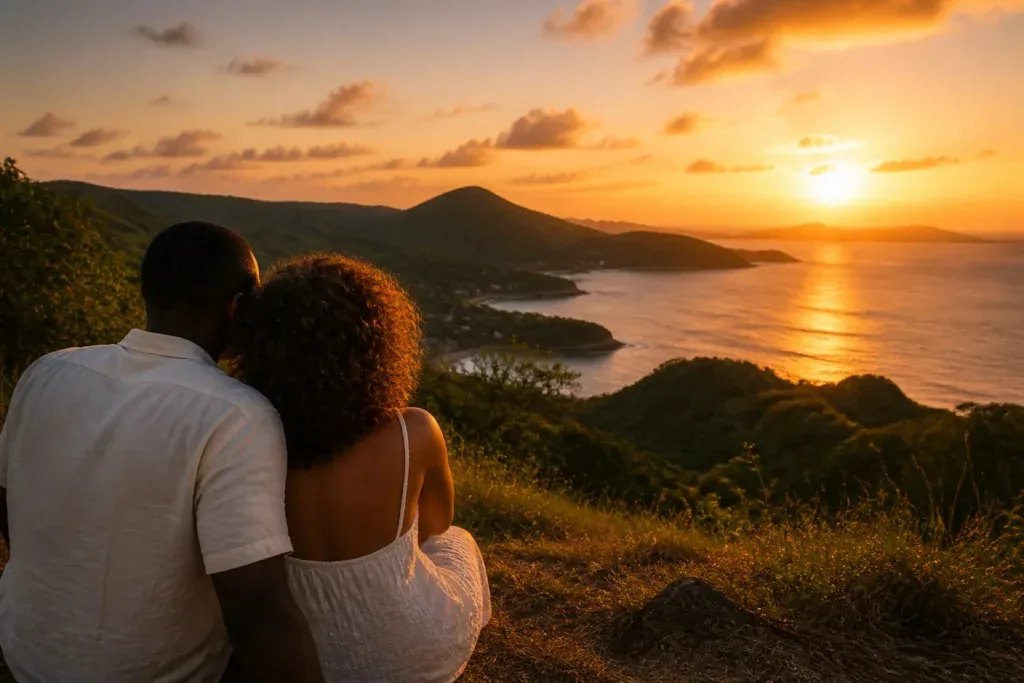 Couple admirant un coucher de soleil en Martinique