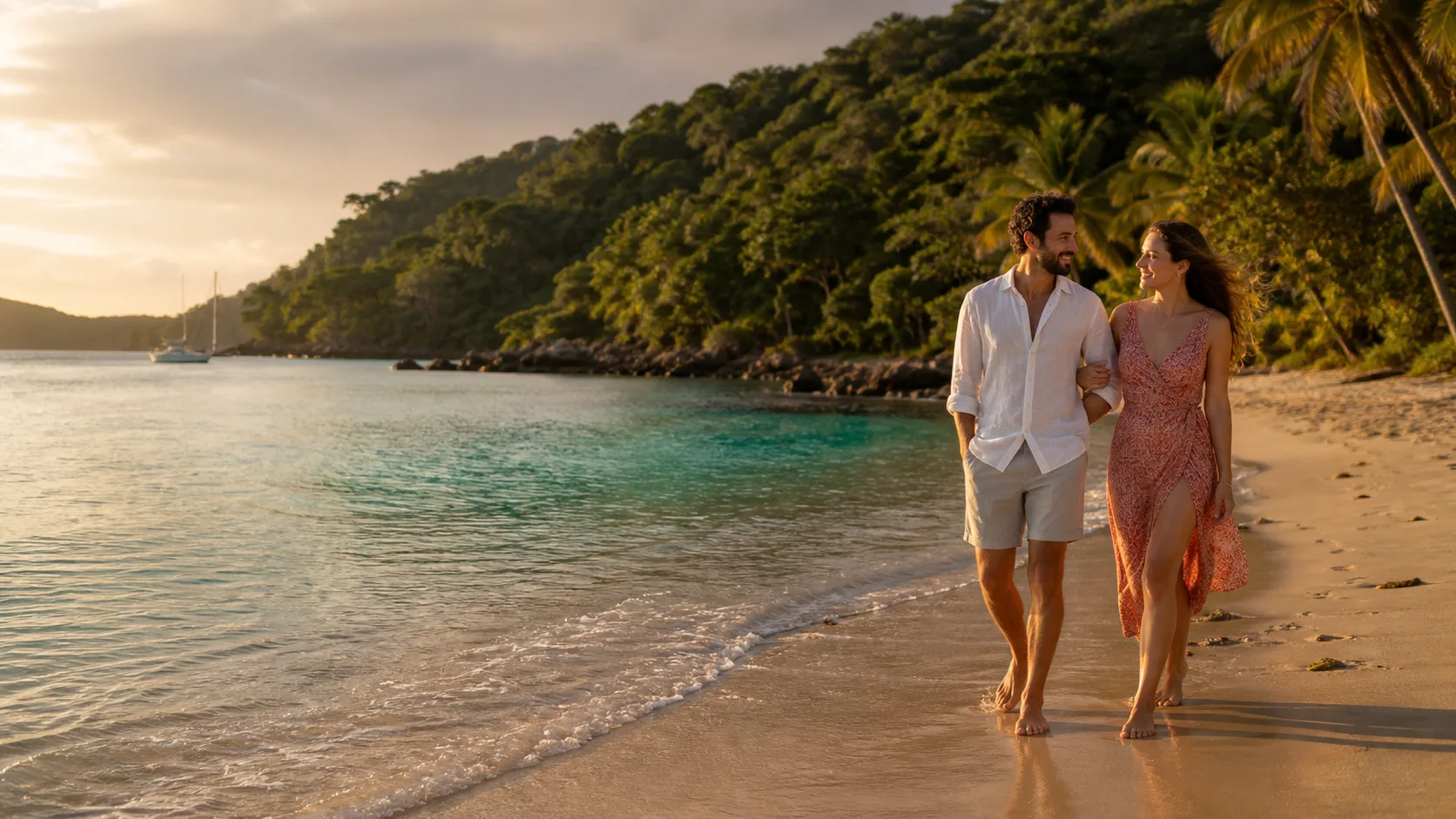 Couple marchant sur une plage de Martinique au coucher du soleil