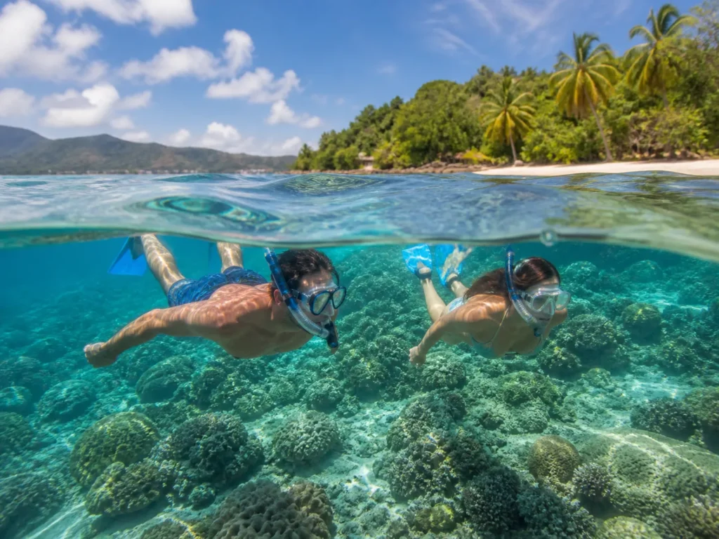 Couple faisant du snorkeling dans une baie de Martinique