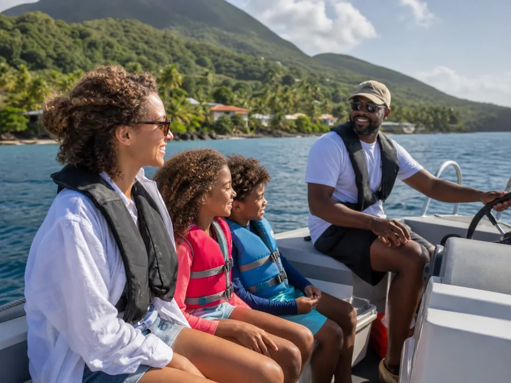 Famille équipée de gilets lors d’une sortie en bateau