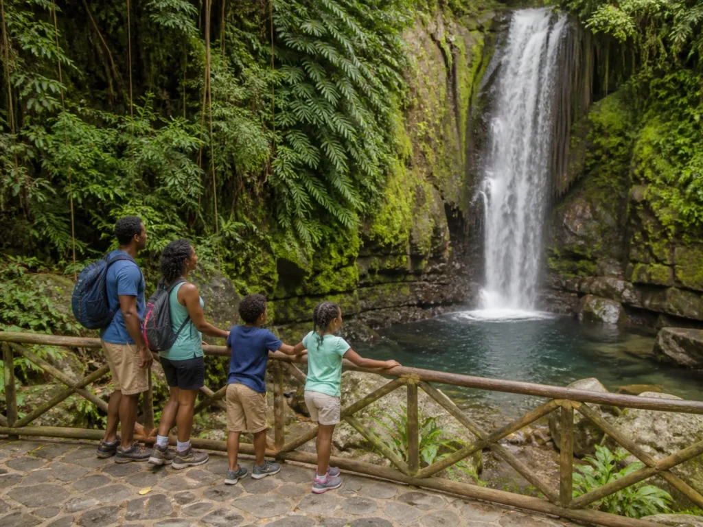 Famille observant une cascade dans la forêt martiniquaise
