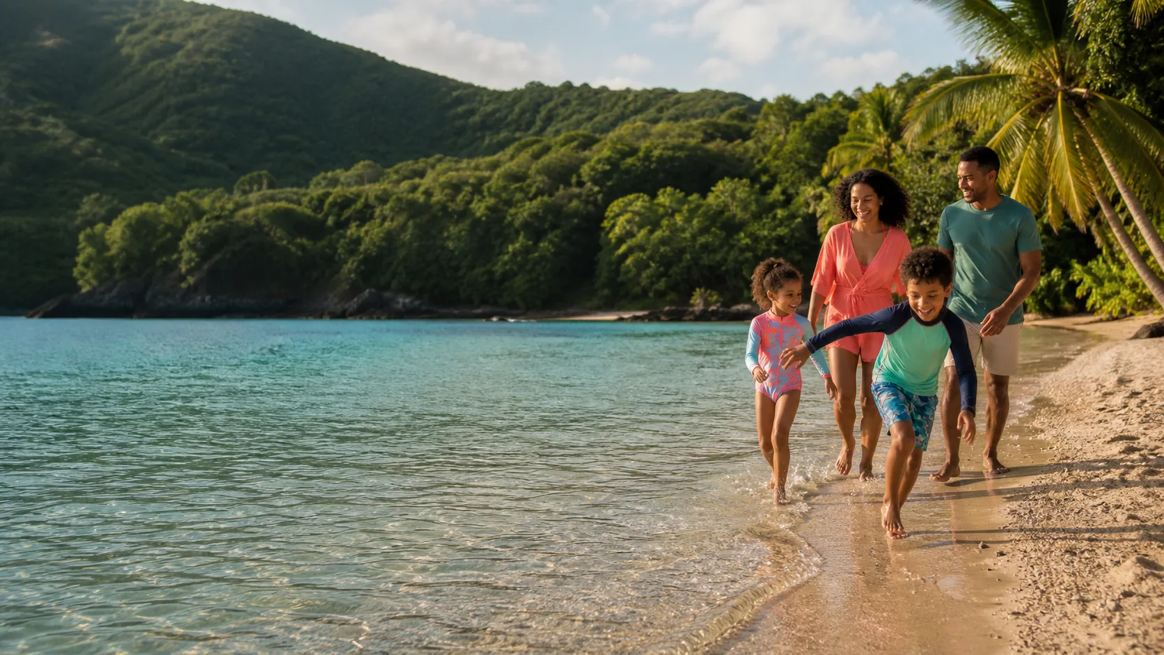 Famille marchant sur une plage calme de Martinique