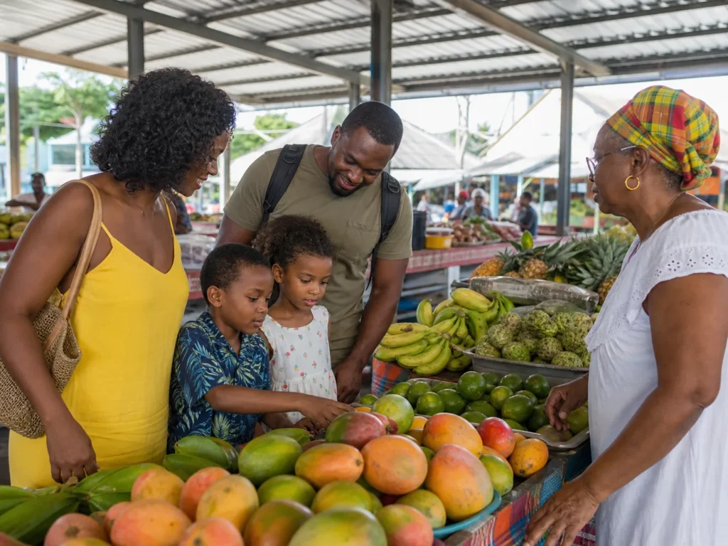 Famille découvrant les fruits d’un marché martiniquais