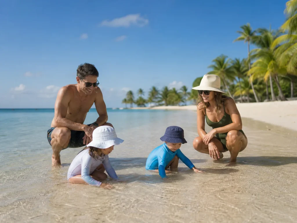 Parents et enfants jouant dans une eau peu profonde en Martinique