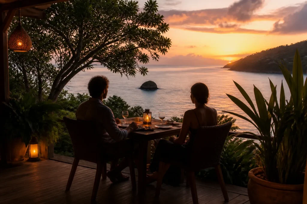 Terrasse d’un hôtel intimiste au coucher du soleil