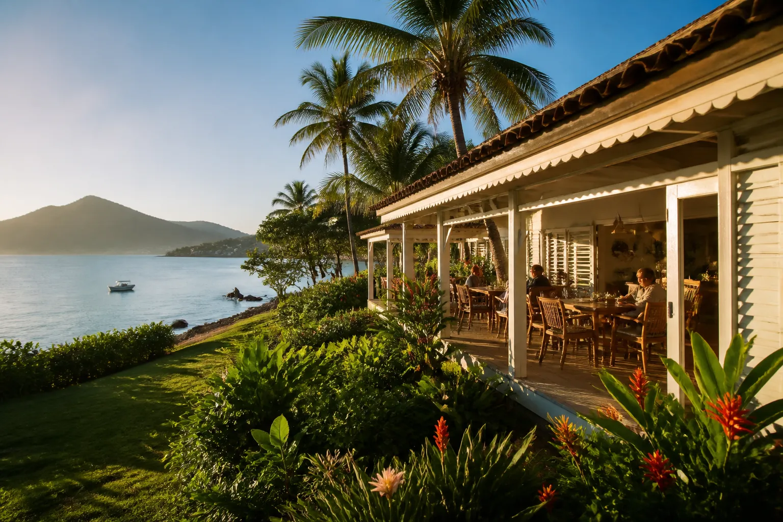 Petit hôtel créole face à une baie de Martinique