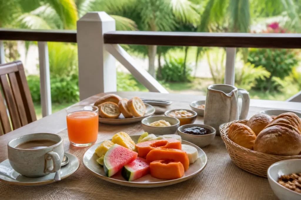Petit-déjeuner tropical servi dans un hôtel en Martinique
