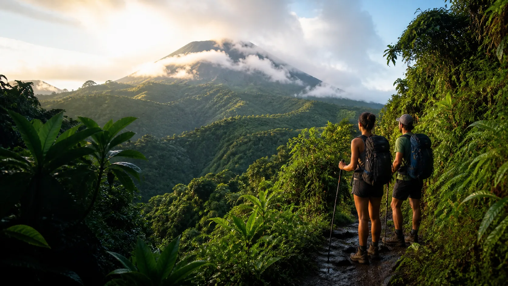 Randonneurs face à la montagne Pelée en Martinique