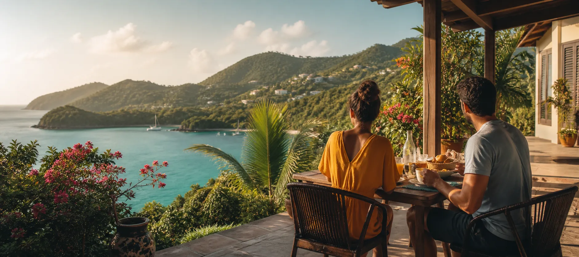 Terrasse avec vue sur une baie de Martinique