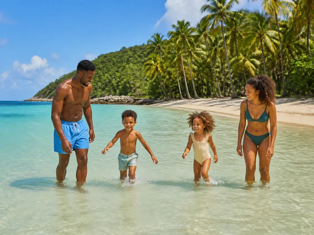 Famille se baignant dans une eau calme en Martinique