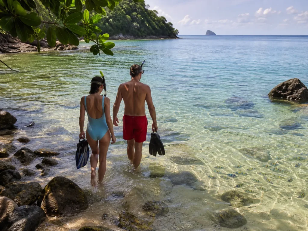 Couple entrant dans une crique pour faire du snorkeling